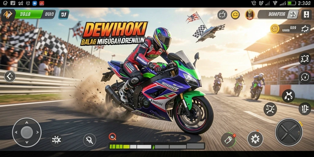 Tampilan gameplay seru DEWIHOKI di balapan motor.