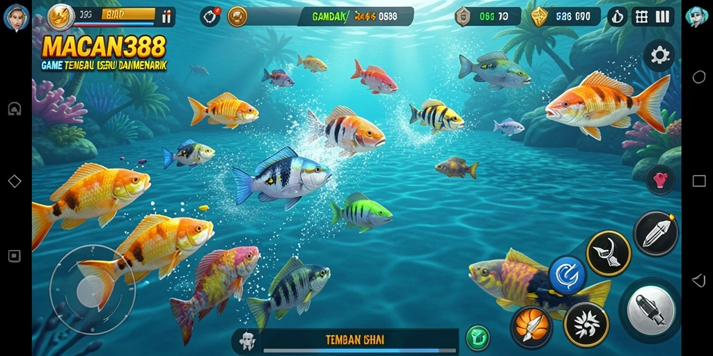 Tampilan gameplay seru dalam MACAN388 menembak ikan berwarna-warni.