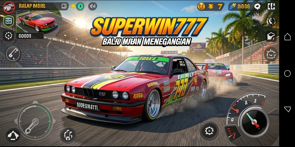 Tangkapan layar menunjukkan balapan mobil menegangkan di <strong>SUPERWIN777</strong>.